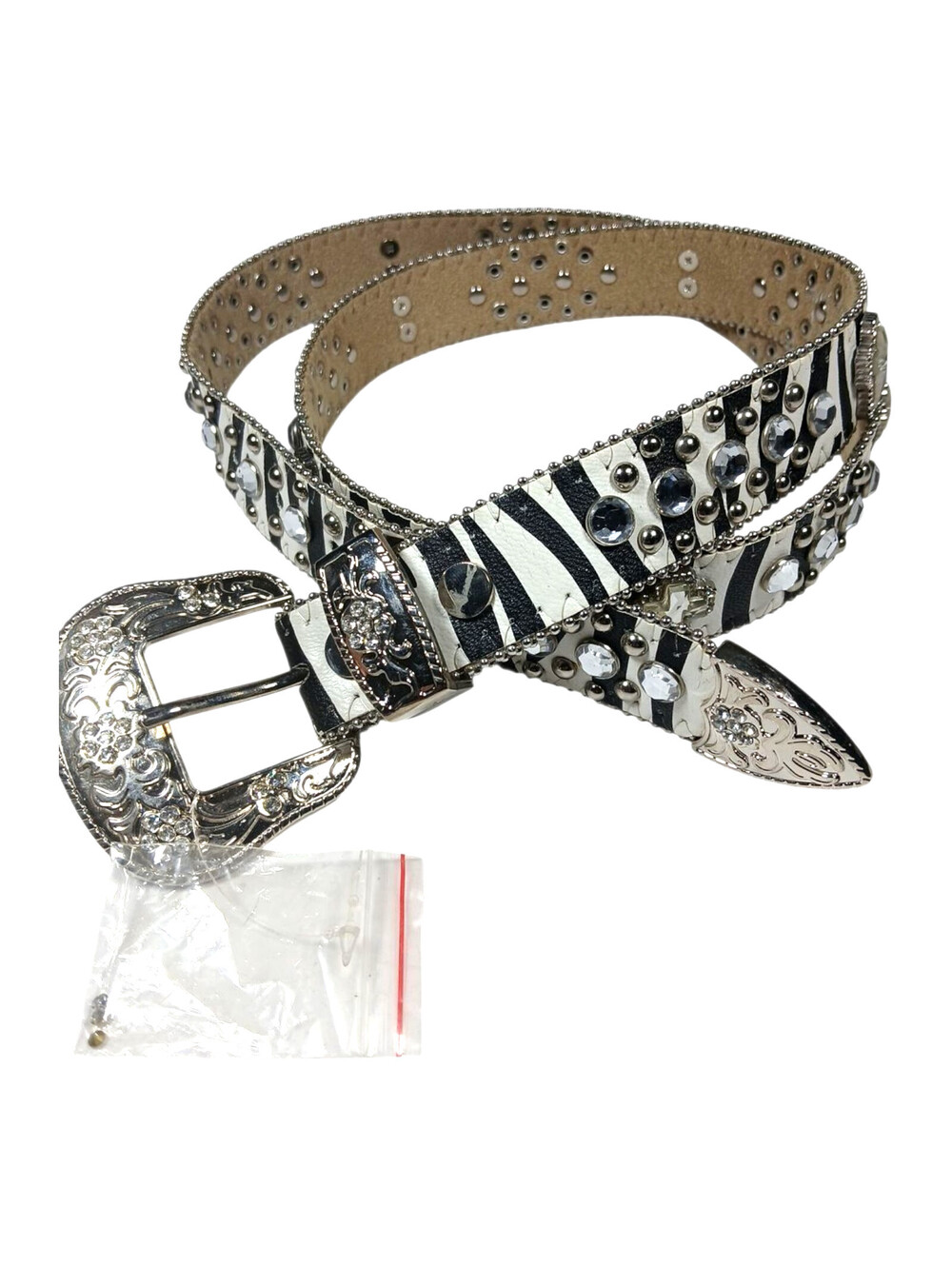 BHW Womens Belt Black White Zebra Rhinestone Crosses Bling Buckle XL 38-40